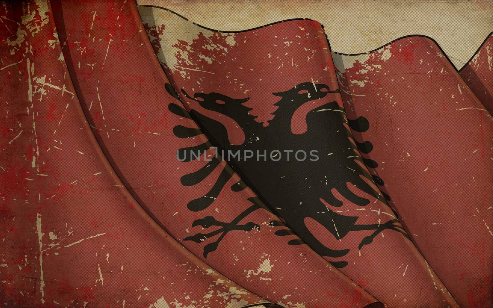 Background illustration of an old paper with a print of a waving Flag of Albania