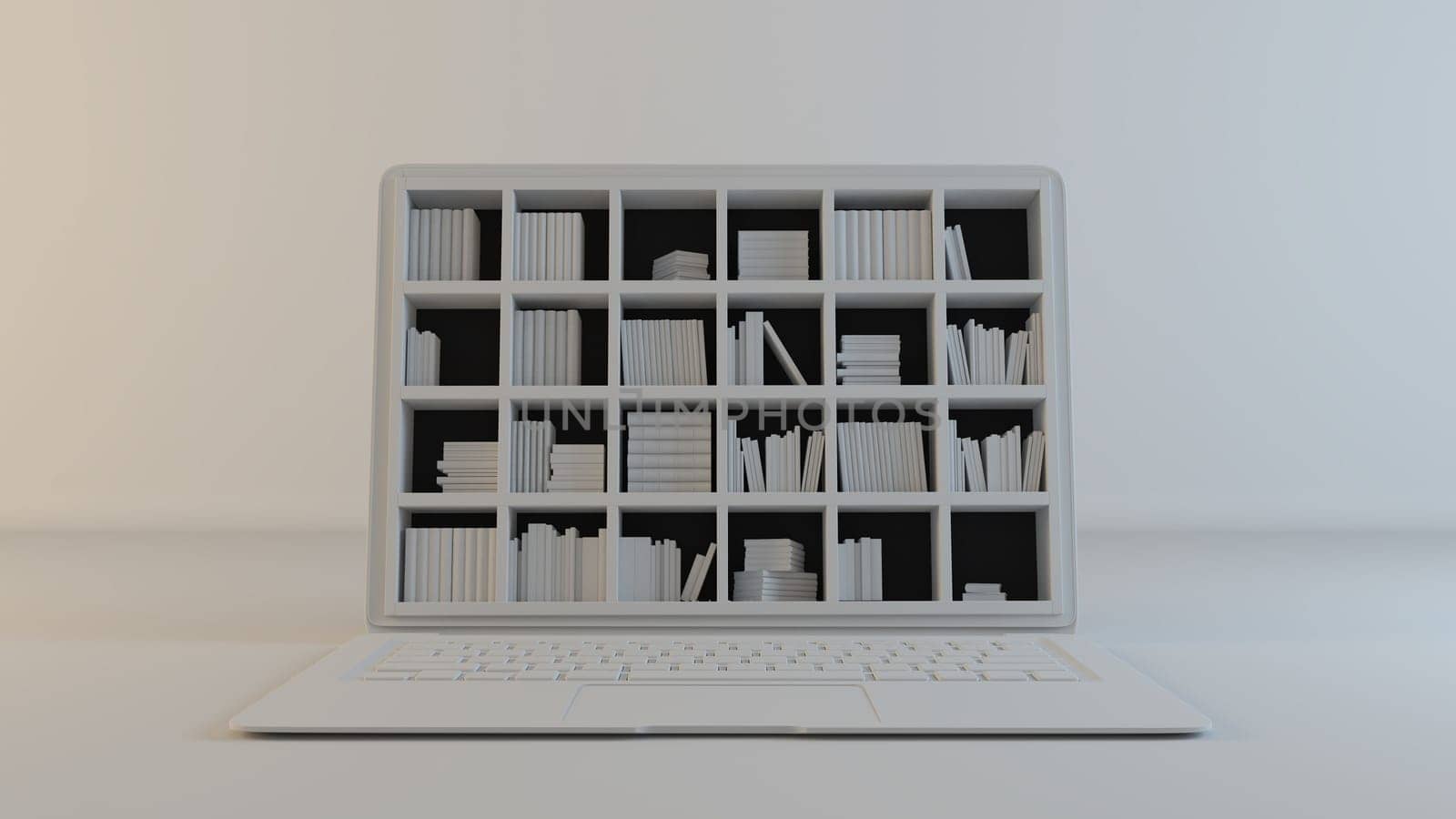 Library on computer screen concept clean white, grey background 3d rendering