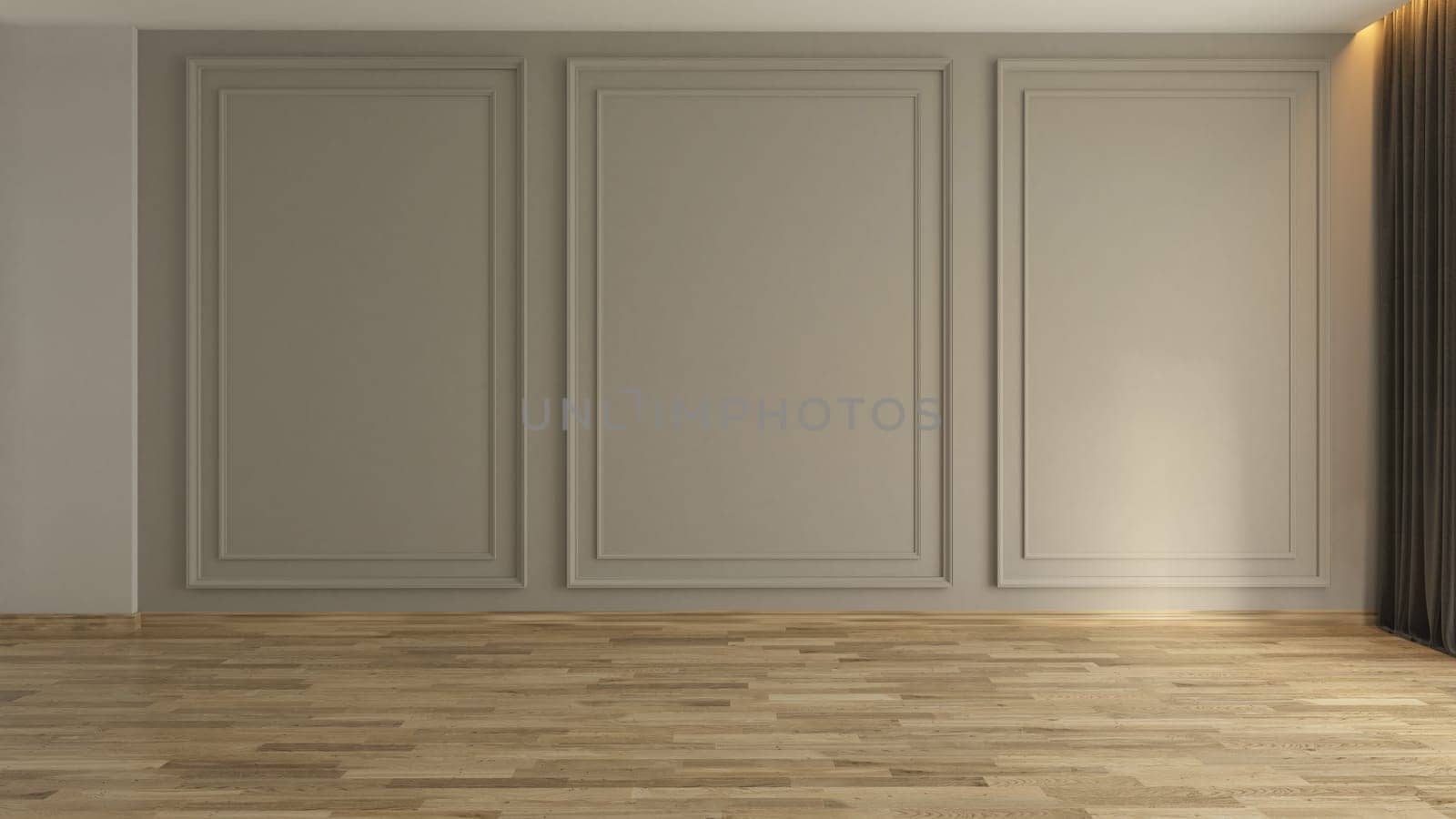 Empty room with Modern classic wall panels, pillow and wooden floor 3d rendering