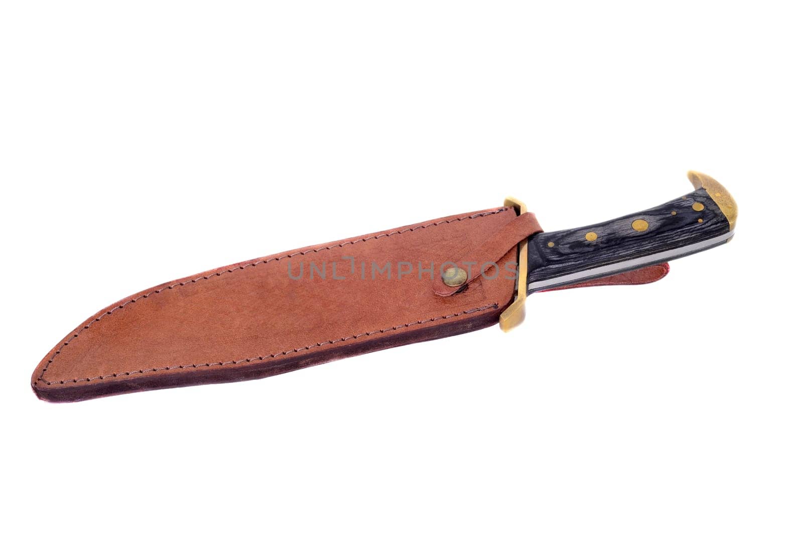 Very large bowie knife isolated over white with scabbard