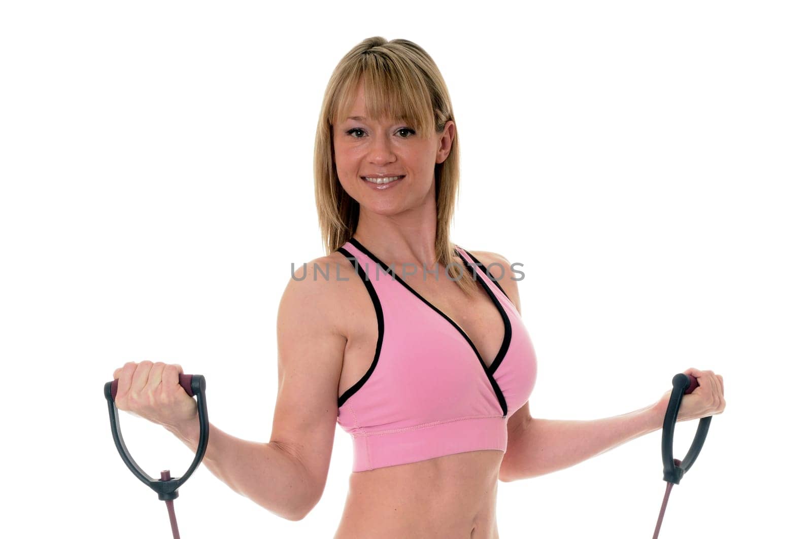 Pretty Young blond girl doing a fitness workout isolated over white