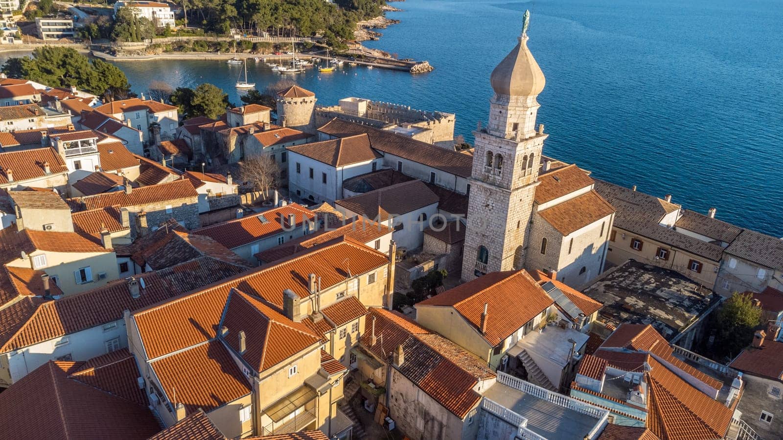 Aerial view of historic Adriatic town of Krk , Island of Krk, Kvarner bay of Adriatic sea, Croatia, Europe.