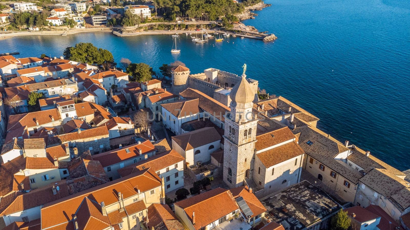 Aerial view of historic Adriatic town of Krk , Island of Krk, Kvarner bay of Adriatic sea, Croatia, Europe.