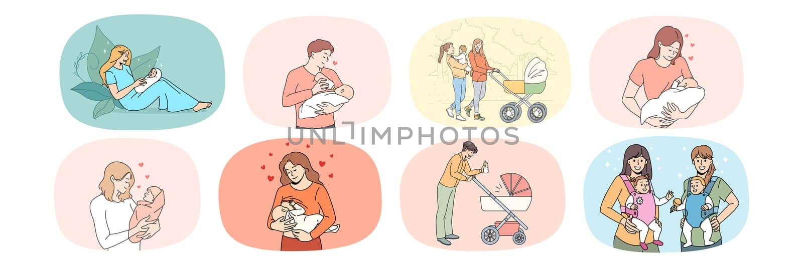 Set of happy young parents with newborn babies enjoy parenthood. Collection of smiling loving moms and dads enjoy time spending with infants. Family growing and motherhood. Vector illustration.