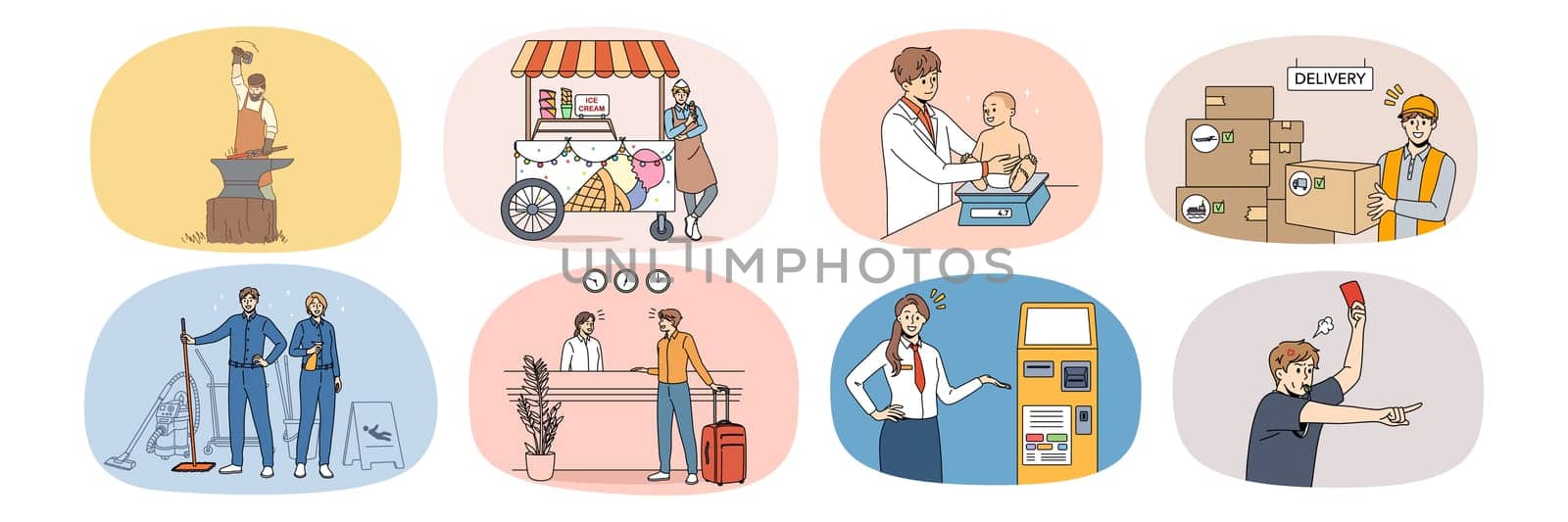 Collection of diverse people and their occupations and jobs. Set of male and female employees and professions. Ironman, pediatrician and courier. Receptionist and referee. Vector illustration.