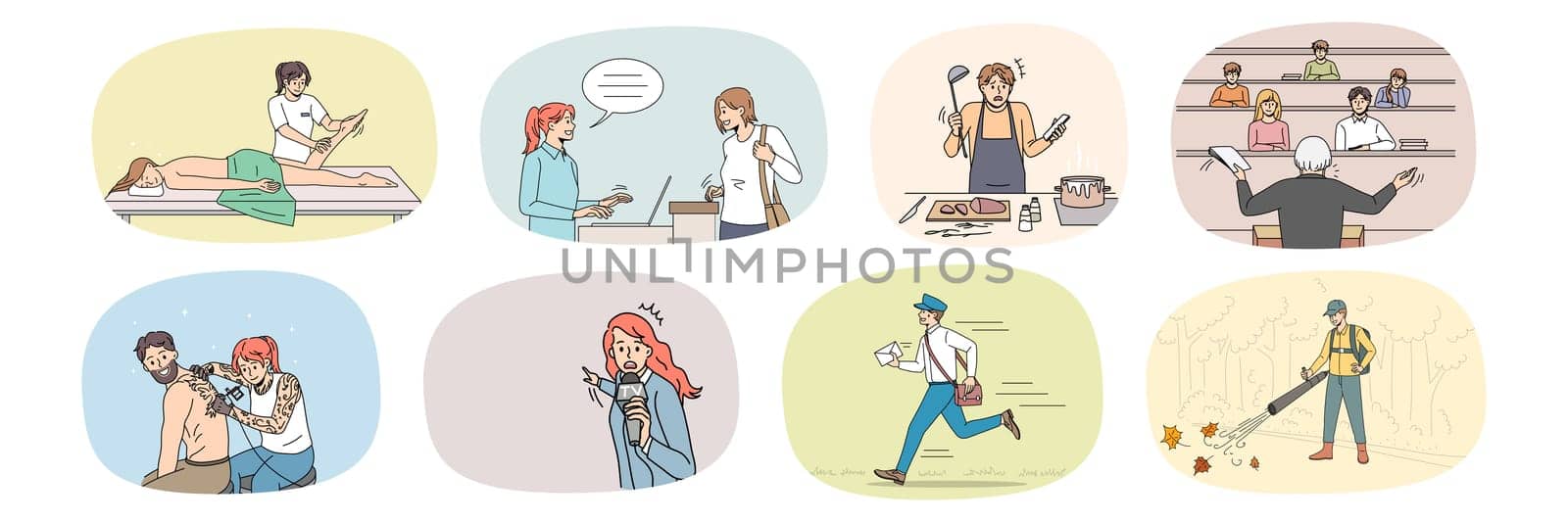 Set of diverse people occupations daily routine and lifestyle. Collection of human professions and jobs. Journalist, masseuse and tattoo artist. Postman and chef. Vector illustration.