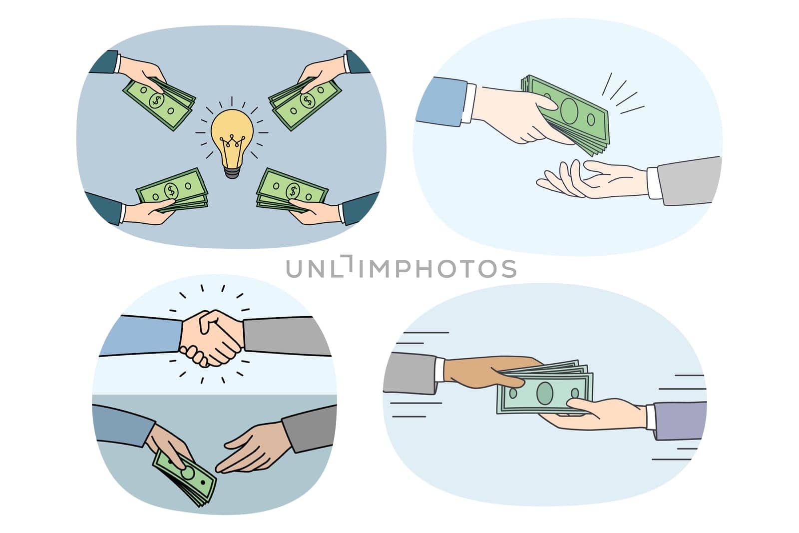 Set of businesspeople hands make deal exchange dollar banknotes. Collection of people or business partners pay with cash. Money and finance concept. Vector illustration.