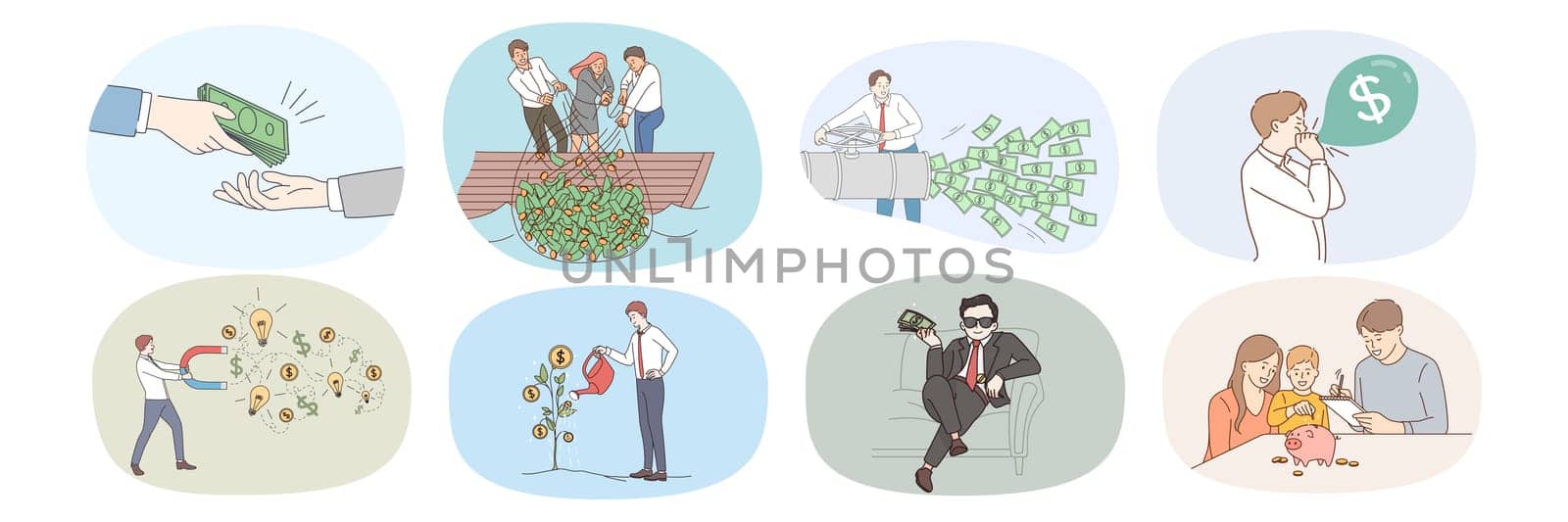 Set of diverse people receive money dividend from successful investment. Collection of men and women get money profit or passive income. Financial stability and success. Vector illustration.