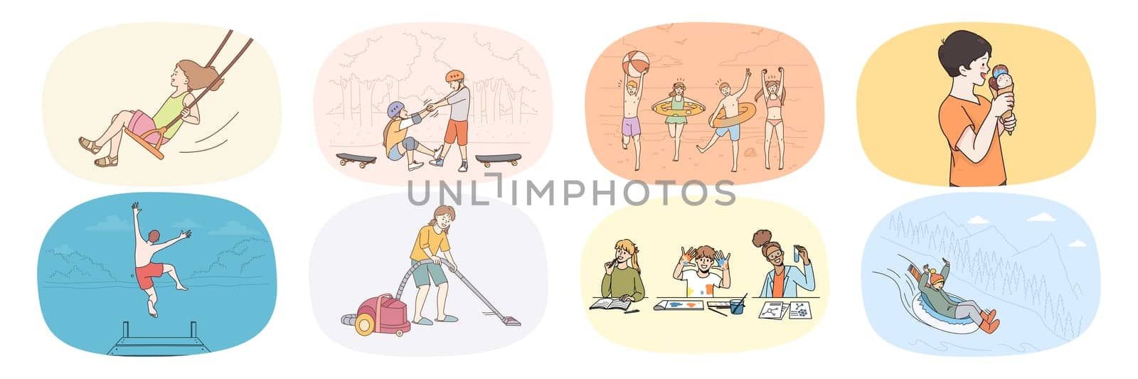 Bundle of happy small children enjoy careless childhood eating ice-cream and playing with friends. Set of smiling kids have fun relax involved in daily activities. Childcare. Vector illustration.