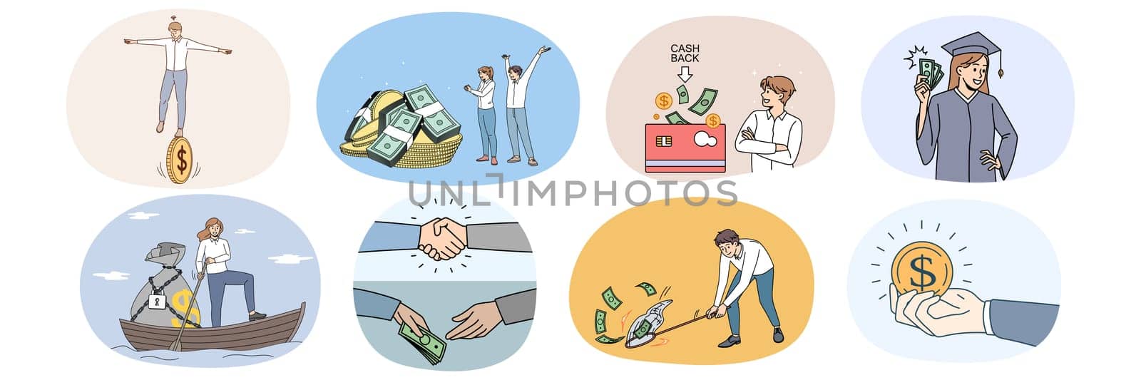 Collection of diverse people get passive income or revenue. Set of men and women feel excited receive dividend from successful investment. Banking and finances. Vector illustration.