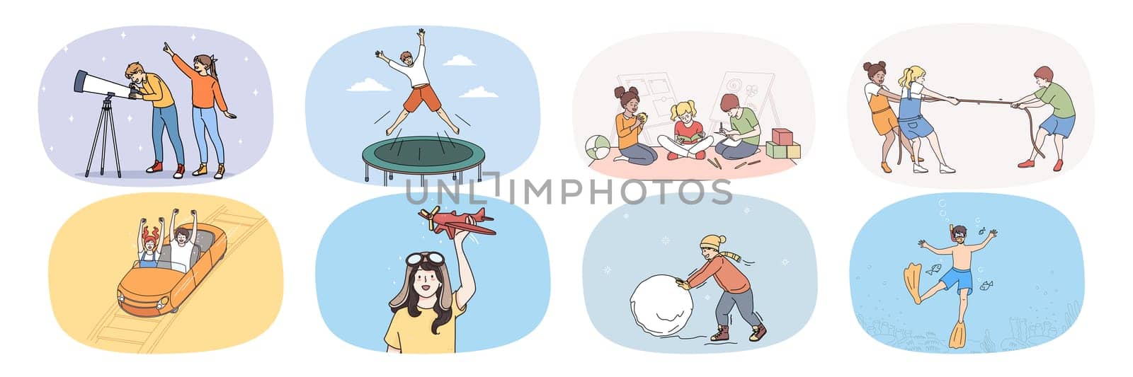 Set of happy kids have fun playing together on leisure weekend. Collection of smiling small children relax rest with friends on vacation or holiday involved in games. Flat vector illustration.