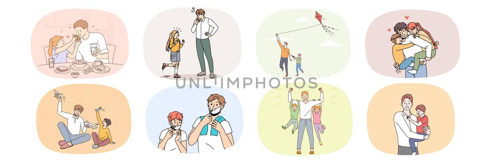 Collection of loving father and small child play together at home and outdoors. Set of happy caring dad have fun spend weekend time with little kid. Fatherhood concept. Flat vector illustration.