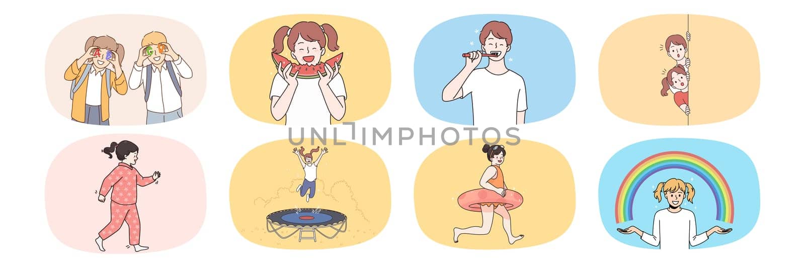 Set of smiling small kids brush teeth do daily activity at home and outdoors. Bundle of happy little children have fun playing and relaxing. Childhood and upbringing. Flat vector illustration.