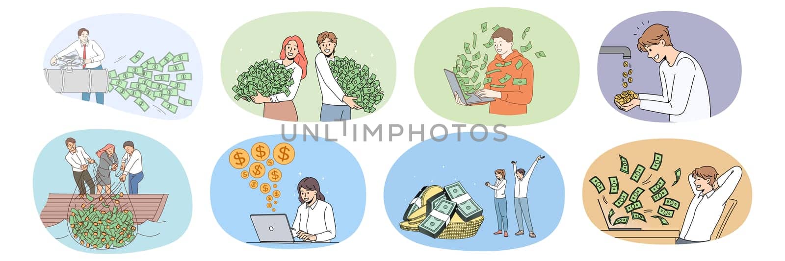 Collection of diverse people feel excited get dividend from successful investment. Set of happy men and women satisfied with financial income or revenue. Finance, bank. Vector illustration.