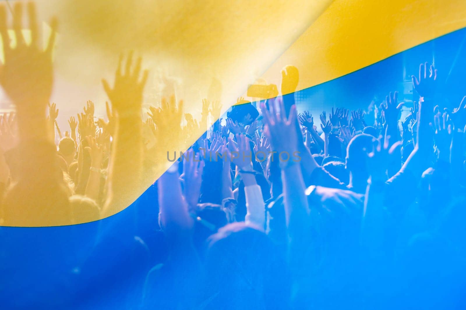 Flag of Ukraine, crowd in the background