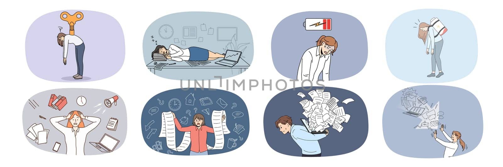 Set of exhausted office workers feel distressed overwhelmed with tasks and duties. Collection of unhappy unwell employees tired with workload. Overwork and fatigue. Vector illustration.
