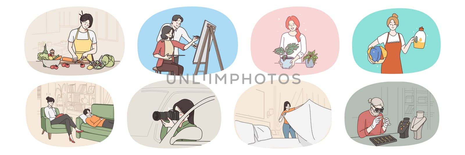 Set of diverse women workers with their professions and work. Collection of female specialist occupations and jobs. Chef, artist and gardener. Housekeeper, psychologist, journalist. Vector.