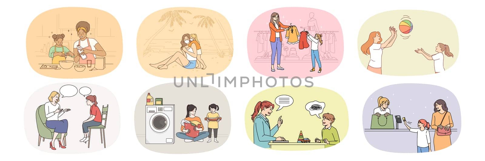 Set of happy mom have fun enjoy leisure weekend with little kid. Collection of smiling loving mother relax and play, spend time with teen child. Motherhood and upbringing. Vector illustration.