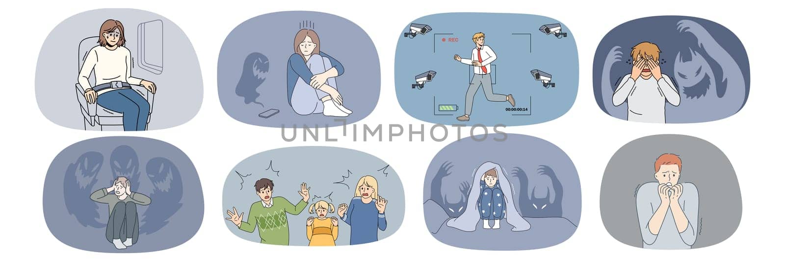 Set of scared diverse people suffer from paranoid fear. Collection of men and women feel frightened and terrified, have panic attack or anxiety. Emotion control problem. Vector illustration.