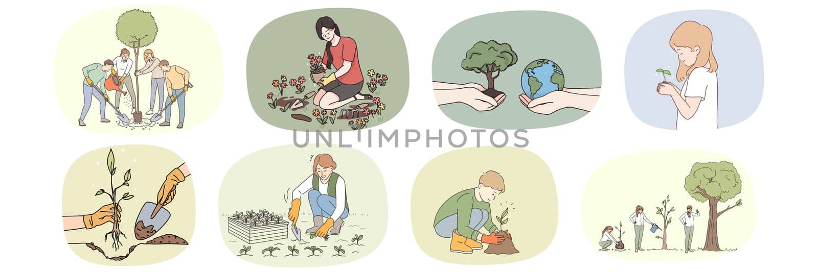Collection of people take care of plant grow seedlings into trees. Set of volunteers growing greenery. Concept of planet earth and nature conservation. Gardening hobby. Vector illustration.