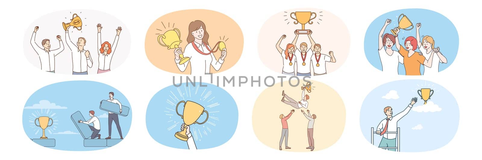 Set of businesspeople with trophy celebrate shared business success. Collection of overjoyed people with medals and awards reach target. Goal achievement. Flat vector illustration.