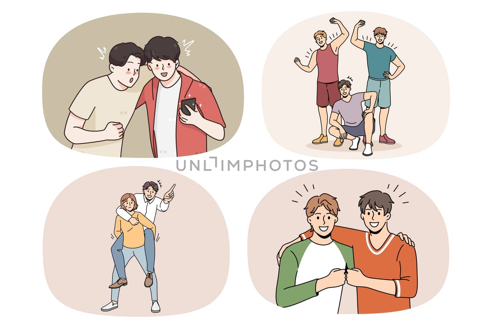 Set of happy guys friends show unity