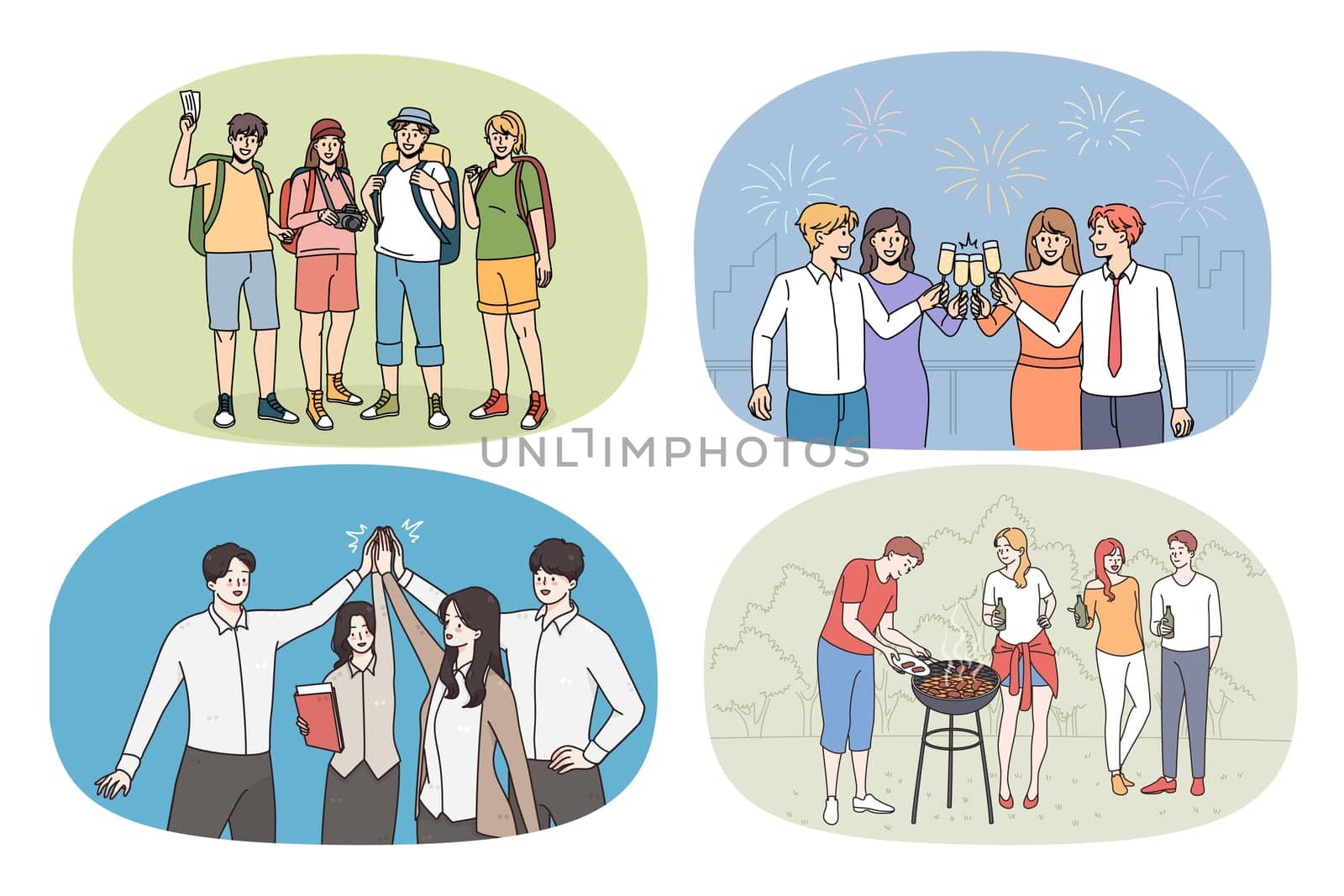 Set of smiling diverse friends have fun enjoy leisure times together. Collection of happy young people relax, enjoy vacation outdoors and celebrate. Friendship and unity. Vector illustration.