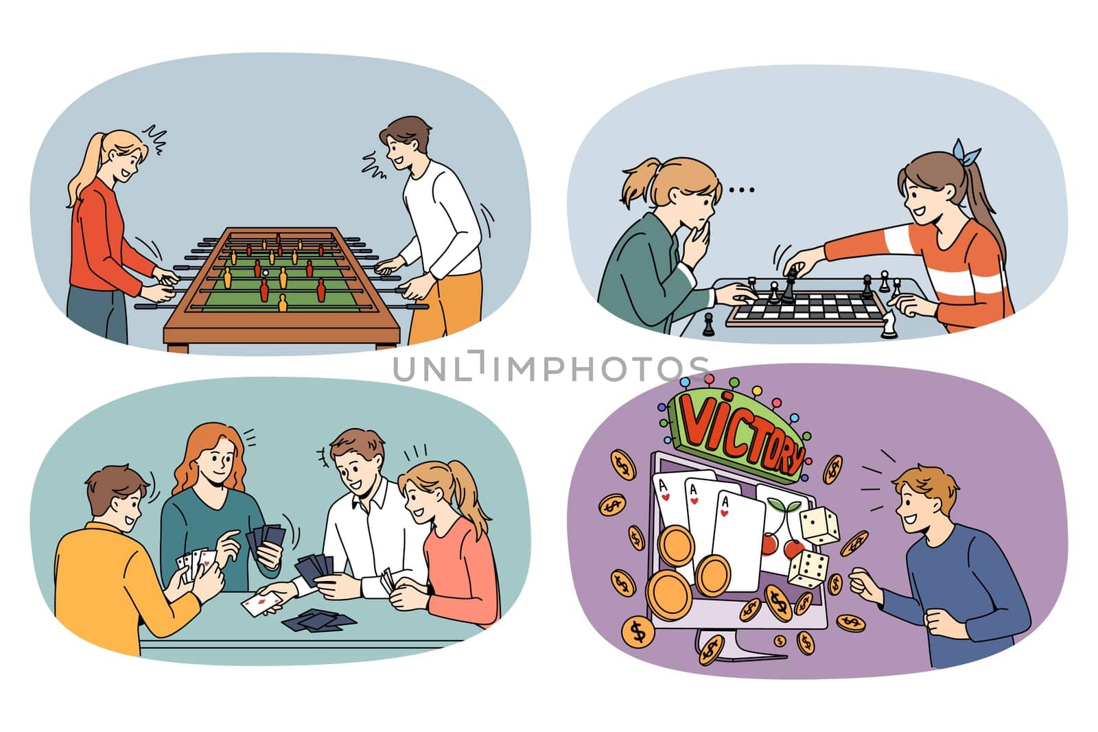 Set of happy kids have fun playing games with friends. Collection of teen children playful activity and gambling with chess and cards. Hobby and entertainment. Vector illustration.