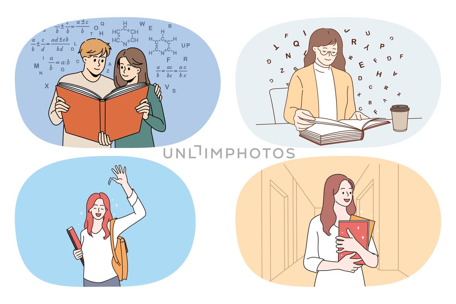 Set of happy young people with books enjoy studying learning new information. Collection of smiling students with textbooks in college or university. Education. Vector illustration.