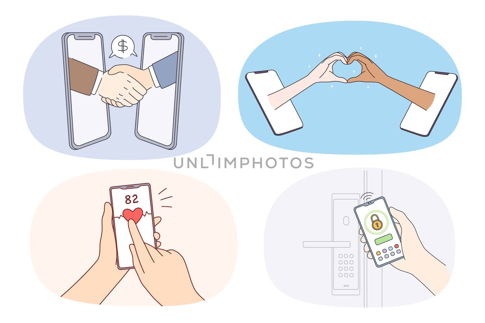 Set of diverse people hands hold cellphones for online communication. Collection of persons use applications on modern smartphones for transactions and chat. Technology. Vector illustration.