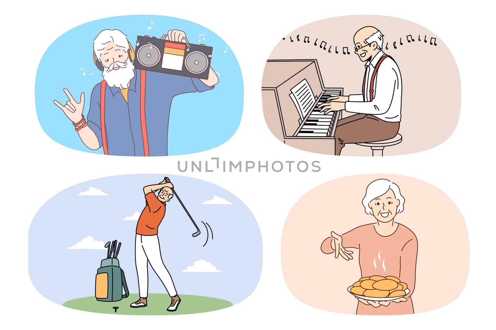 Set of happy active old pensioners people enjoy good maturity. Collection of energetic smiling mature men and women have fun involved in hobby activity. Relaxation on retirement. Vector.
