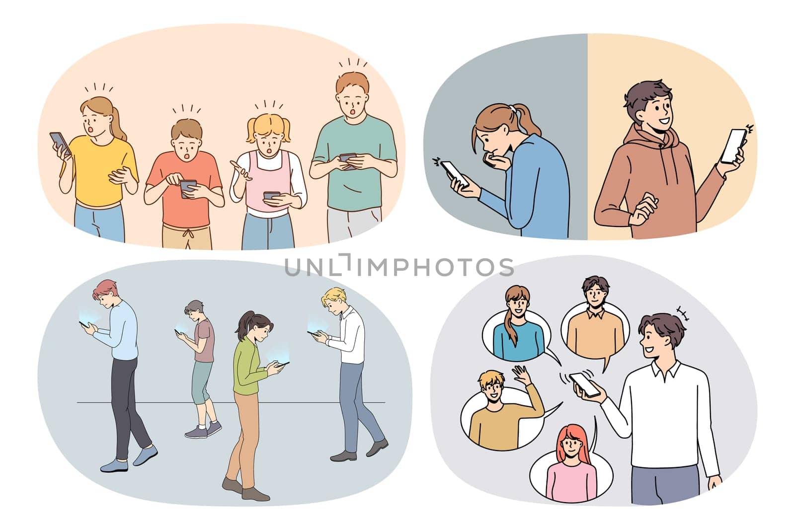 Set of diverse people addicted to cellphones text and message on gadgets. Collection of diverse humans use smartphones scroll browse social media. Device addiction. Vector illustration.