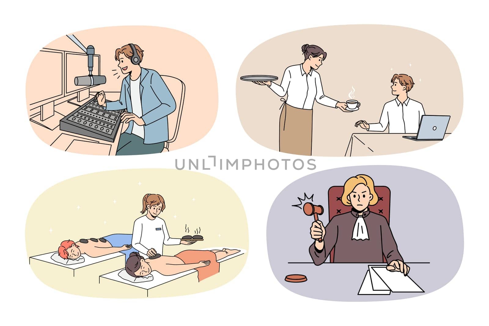 Set of people and occupations or jobs. Collection of men and women professions and careers. Host or producer, waitress, masseuse and juror or attorney. Flat vector illustration.