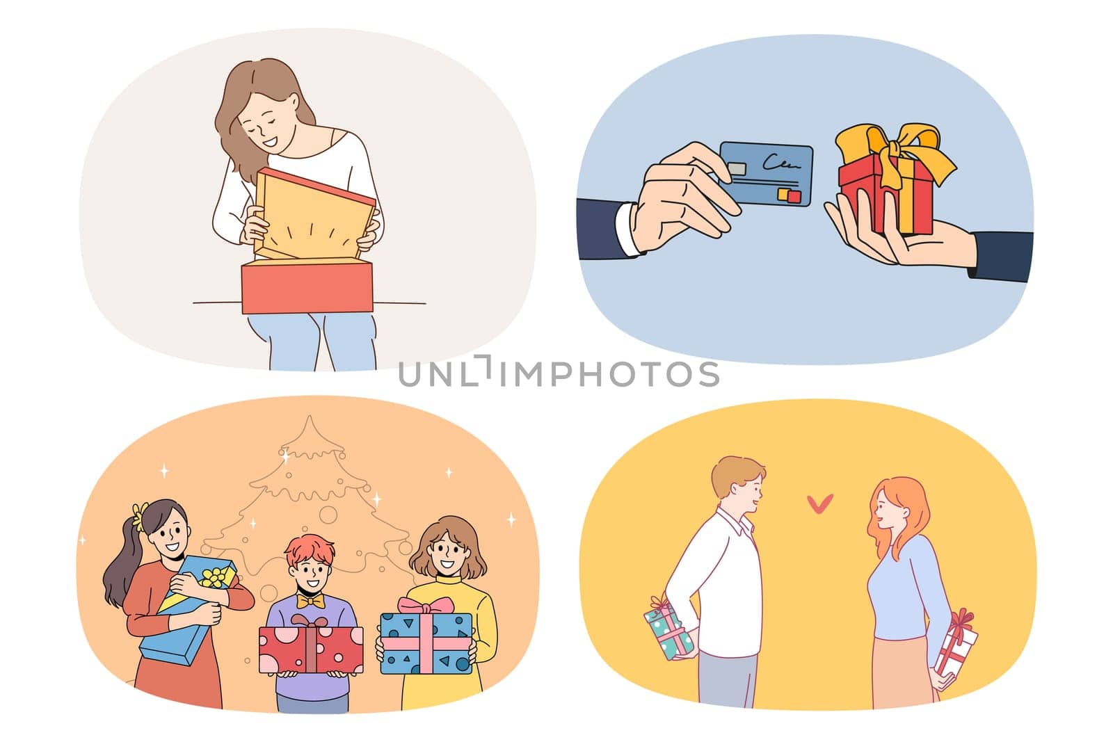 Set of happy people get and give presents on birthday anniversary. Collection of smiling men and women exchange gifts congratulate greet on special occasion. Flat vector illustration.