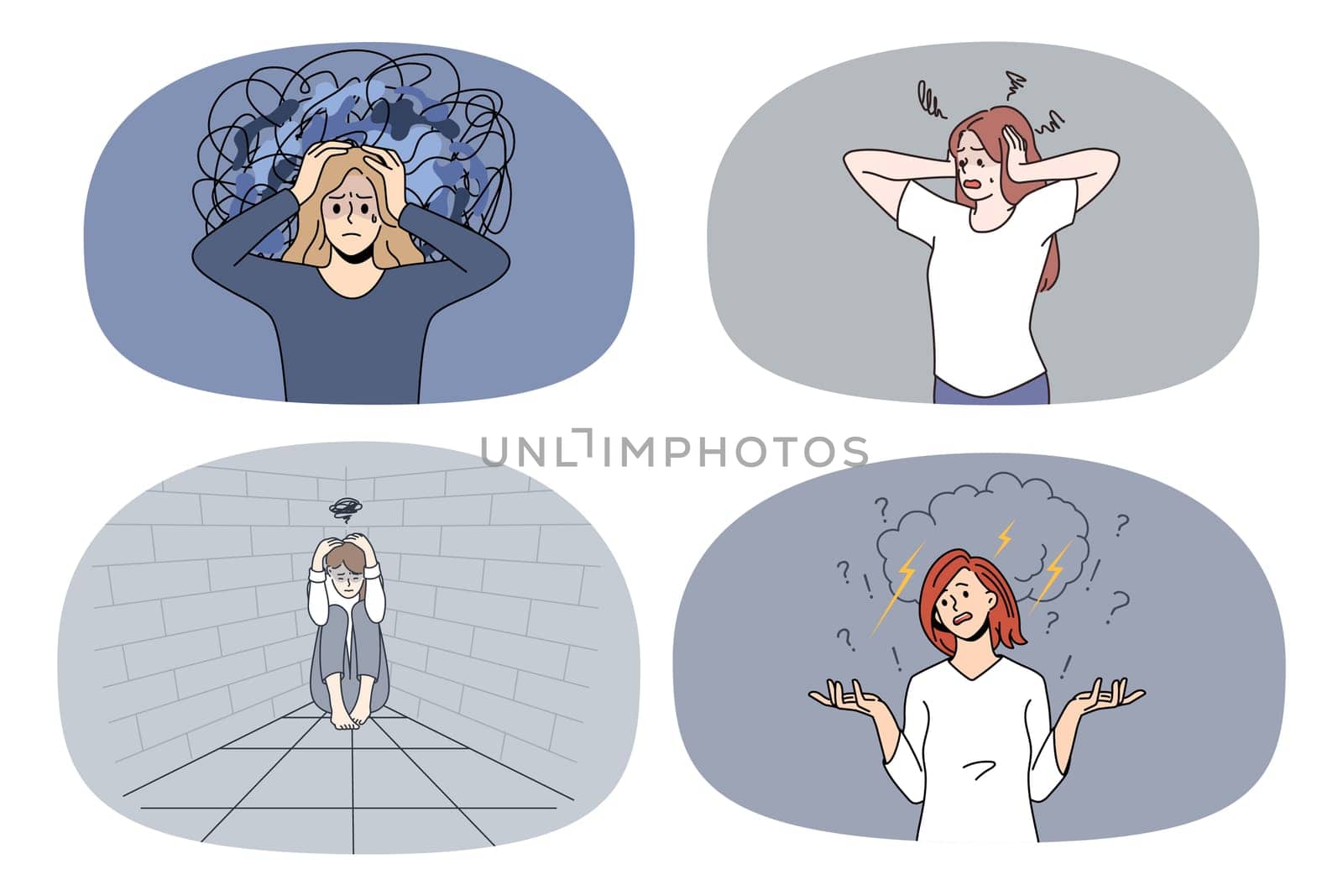 Set of unhappy stressed women feel despair suffer from depression or mental breakdown. Collection of sad distressed girls have panic attack struggle with psychological problems. Vector.