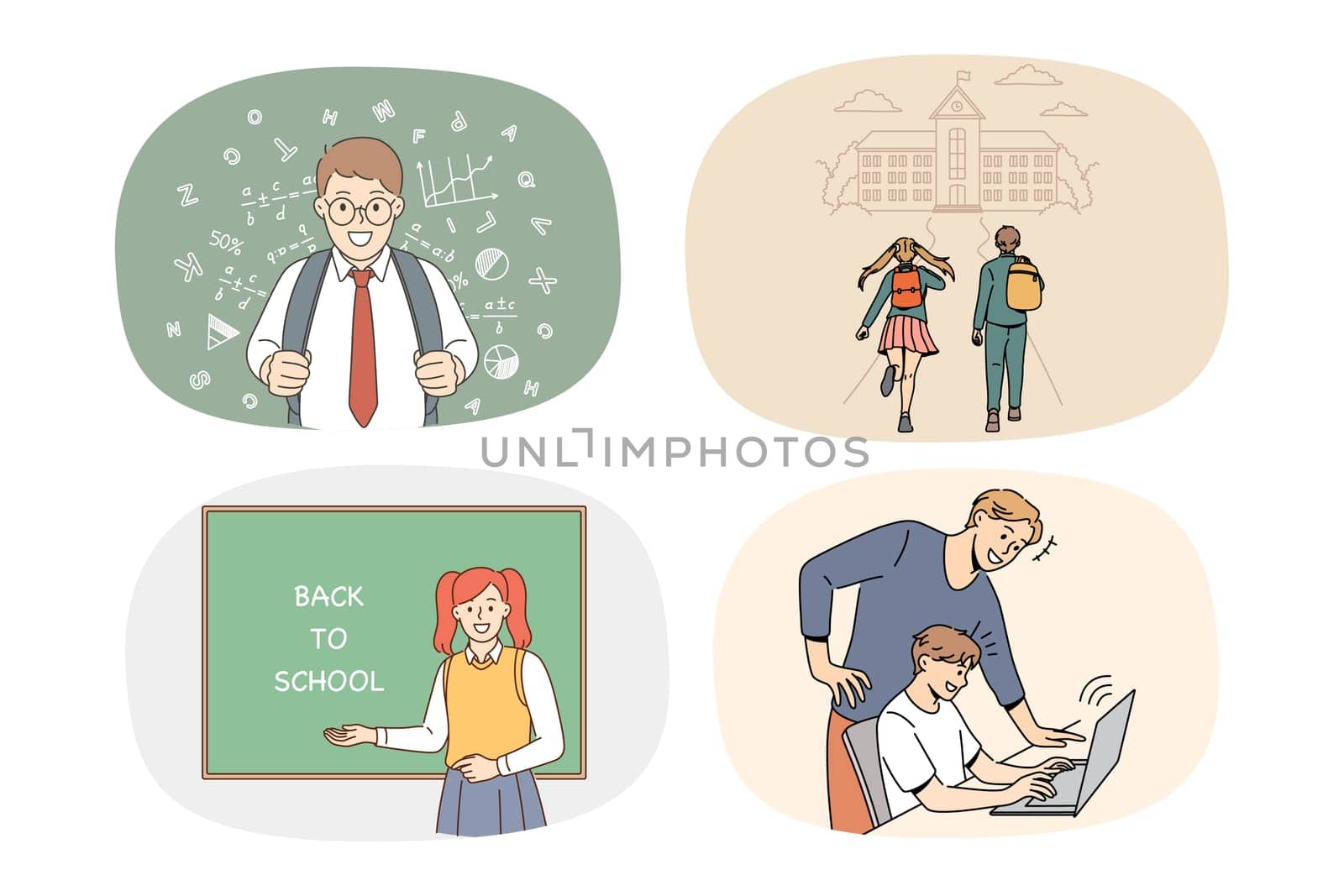 Set of diverse excited small children go to school in September. Collection of smiling little kids enjoy studying learning with teachers. Education and lessons concept. Vector illustration.