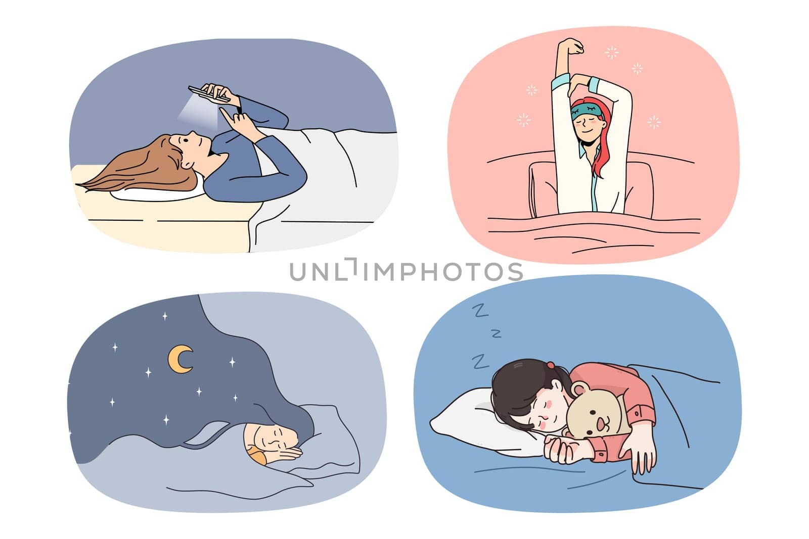 Set of young women in pyjama relax sleeping in cozy comfy bed at night. Collection of happy girl rest take nap daydream in bedroom at home. Fatigue and relaxation. Vector illustration.