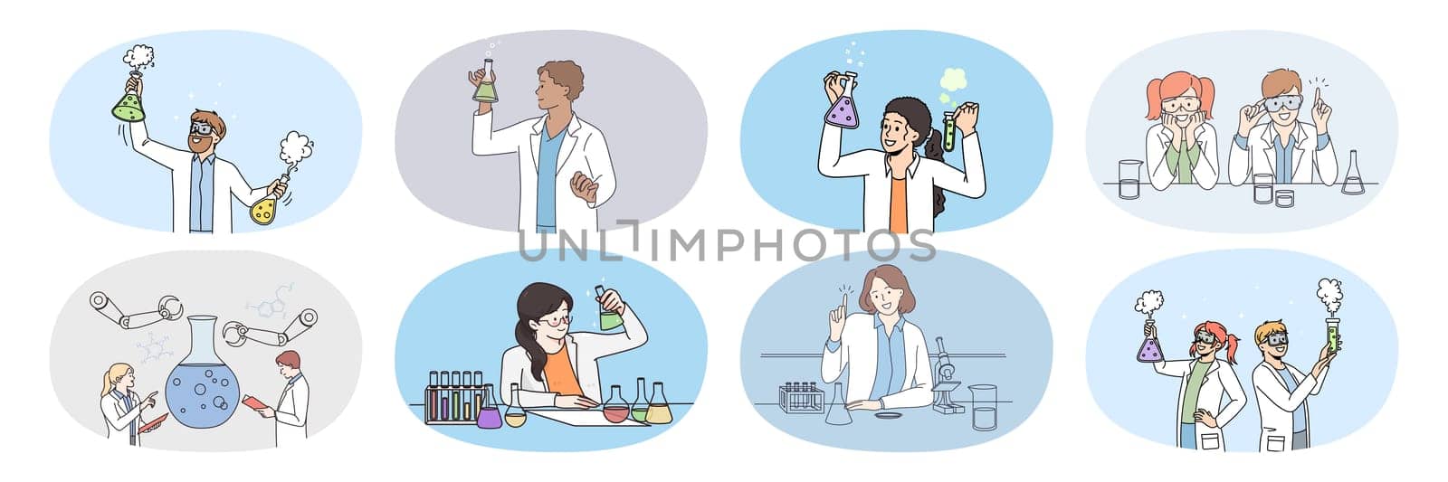 Set of diverse scientists with test tubes do experiments in laboratory. Collection of researchers develop vaccine in lab. Biotechnology and pharmacy concept. Science. Vector illustration.