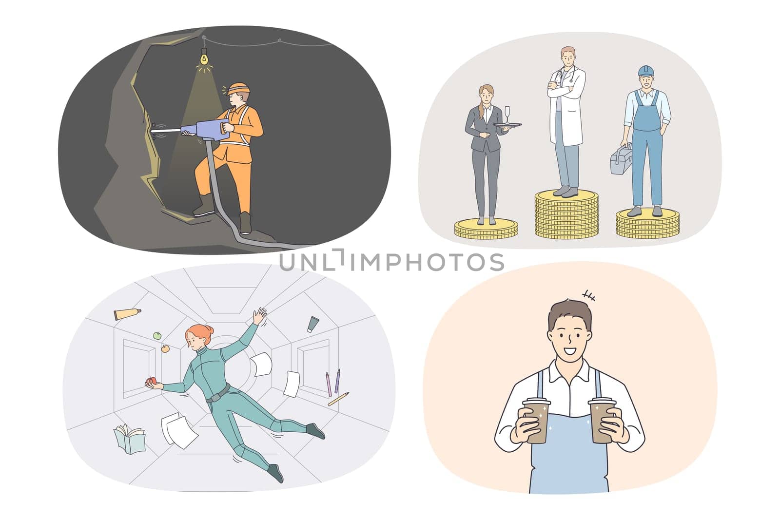 Set of men and women with diverse jobs and occupations. Collection of people having different professions and careers. Employment. Miner, spaceman and barista. Vector illustration.