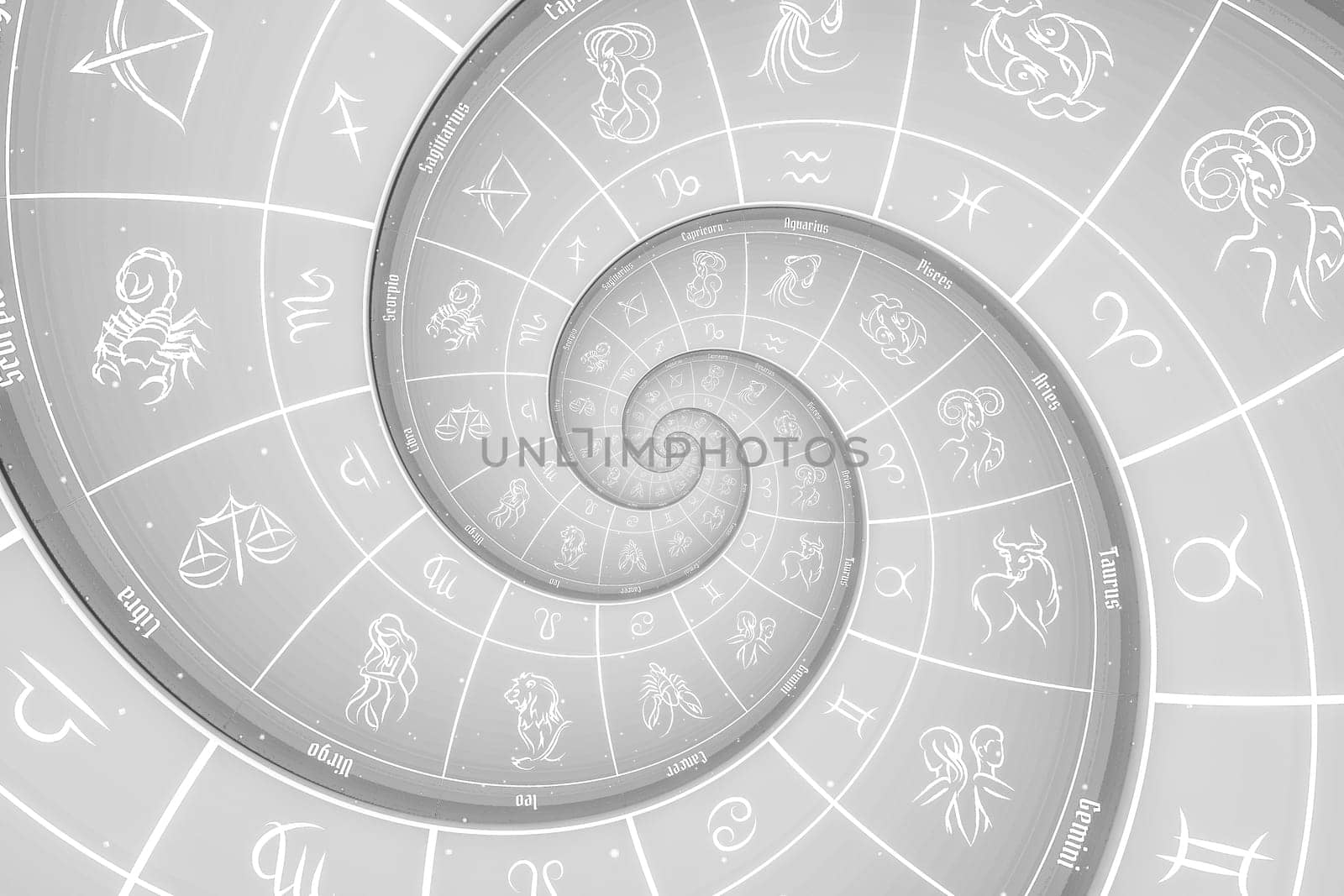 Zodiac Signs Horoscope background. Concept for fantasy and mystery - white