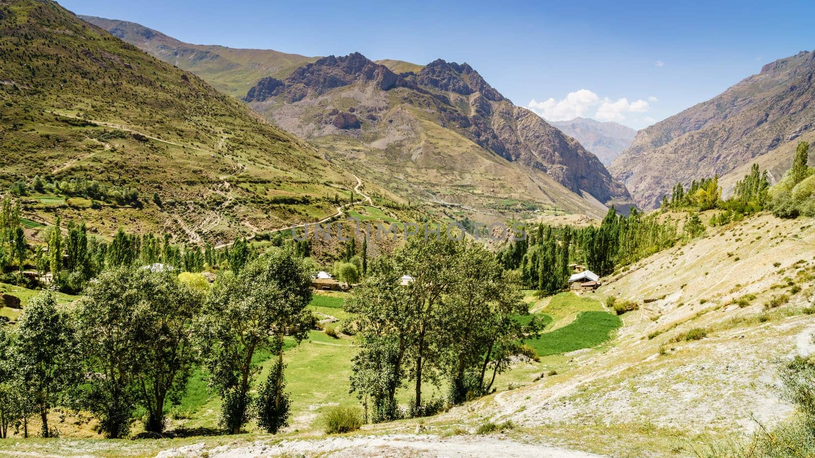 Scenic view of Yaghnob Valley and a mountain village in Tajikistan