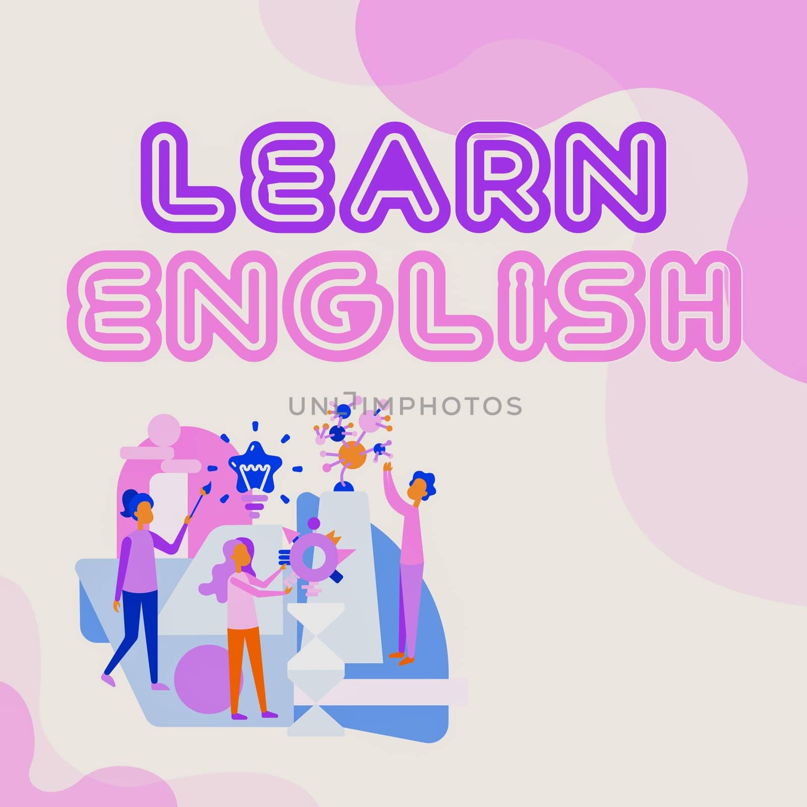 Sign displaying Learn English. Conceptual photo Universal Language Easy Communication and Understand Three Collagues Illustration Practicing Hand Crafts Together.