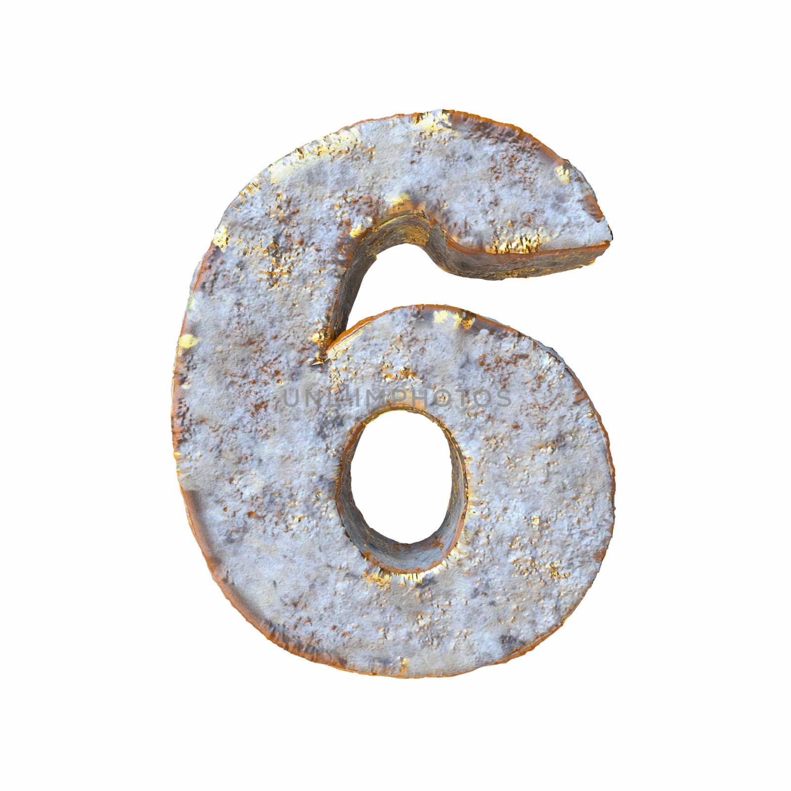 Stone with golden metal particles Number 6 SIX 3D rendering illustration isolated on white background