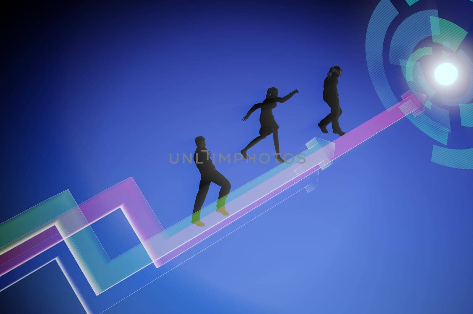 3d illustration . Concept of team work , success . Businessmen and businesswoman go on growing arrow
