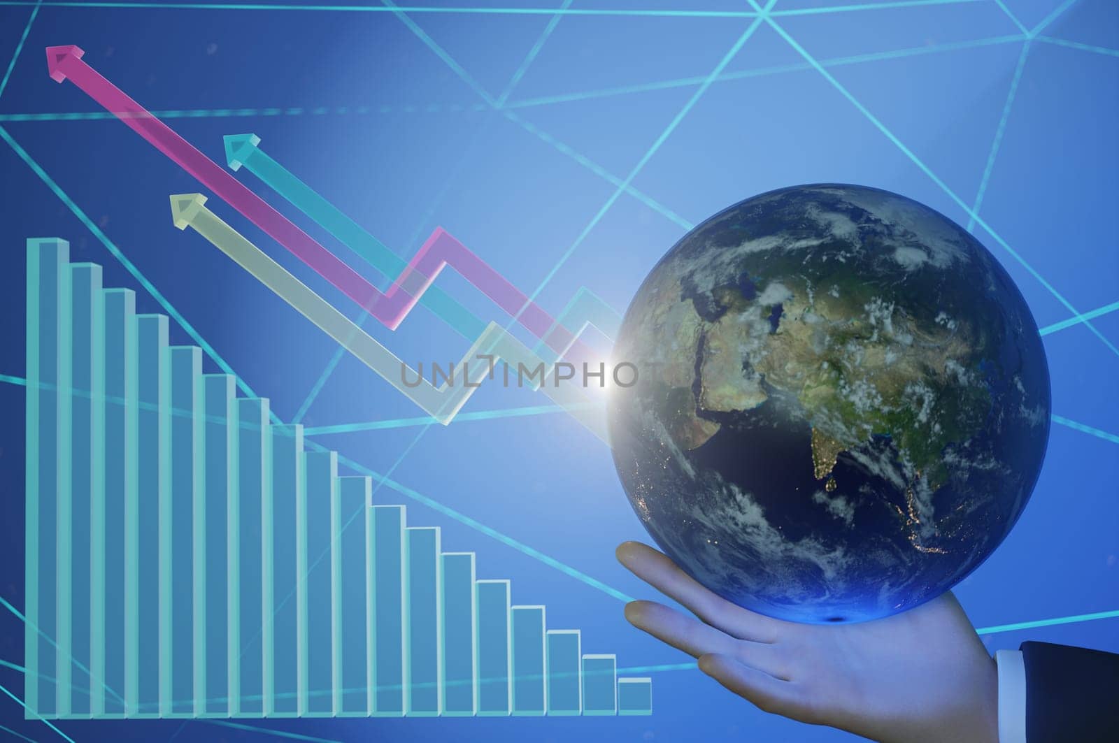3d illustration.  Businessman hand on to stock market finance graph chart exchange money or growth investment global economy analysis rate on economic technology background