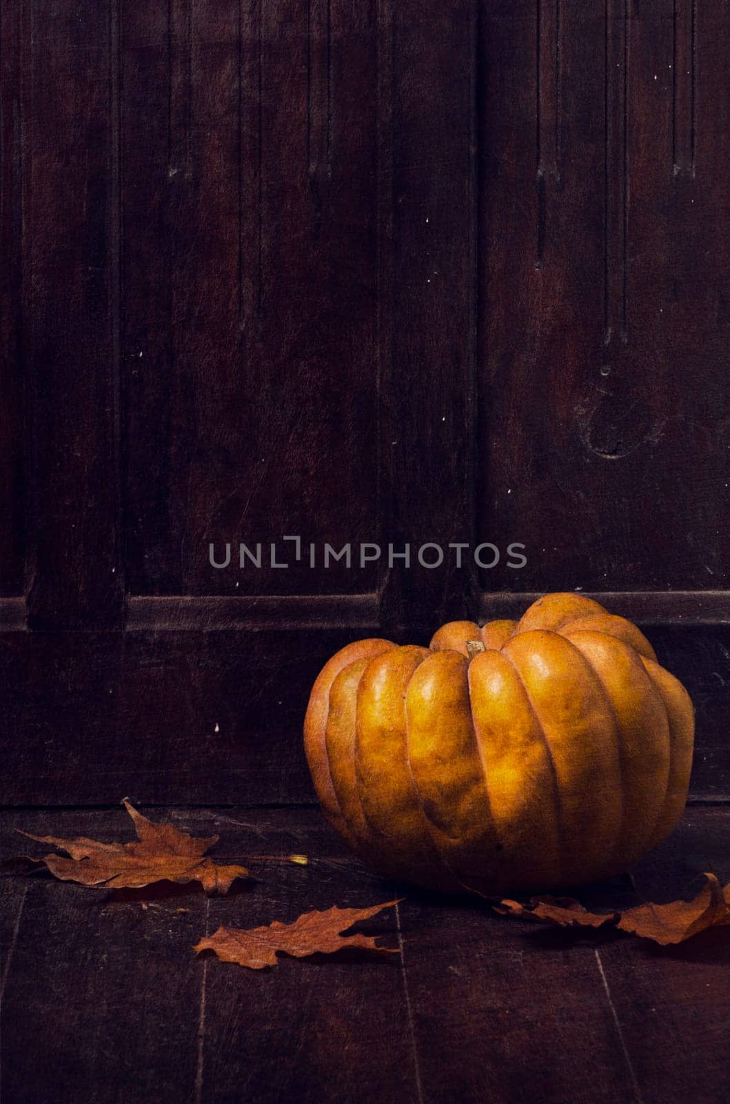 Halloween pumpkin and maple leaves