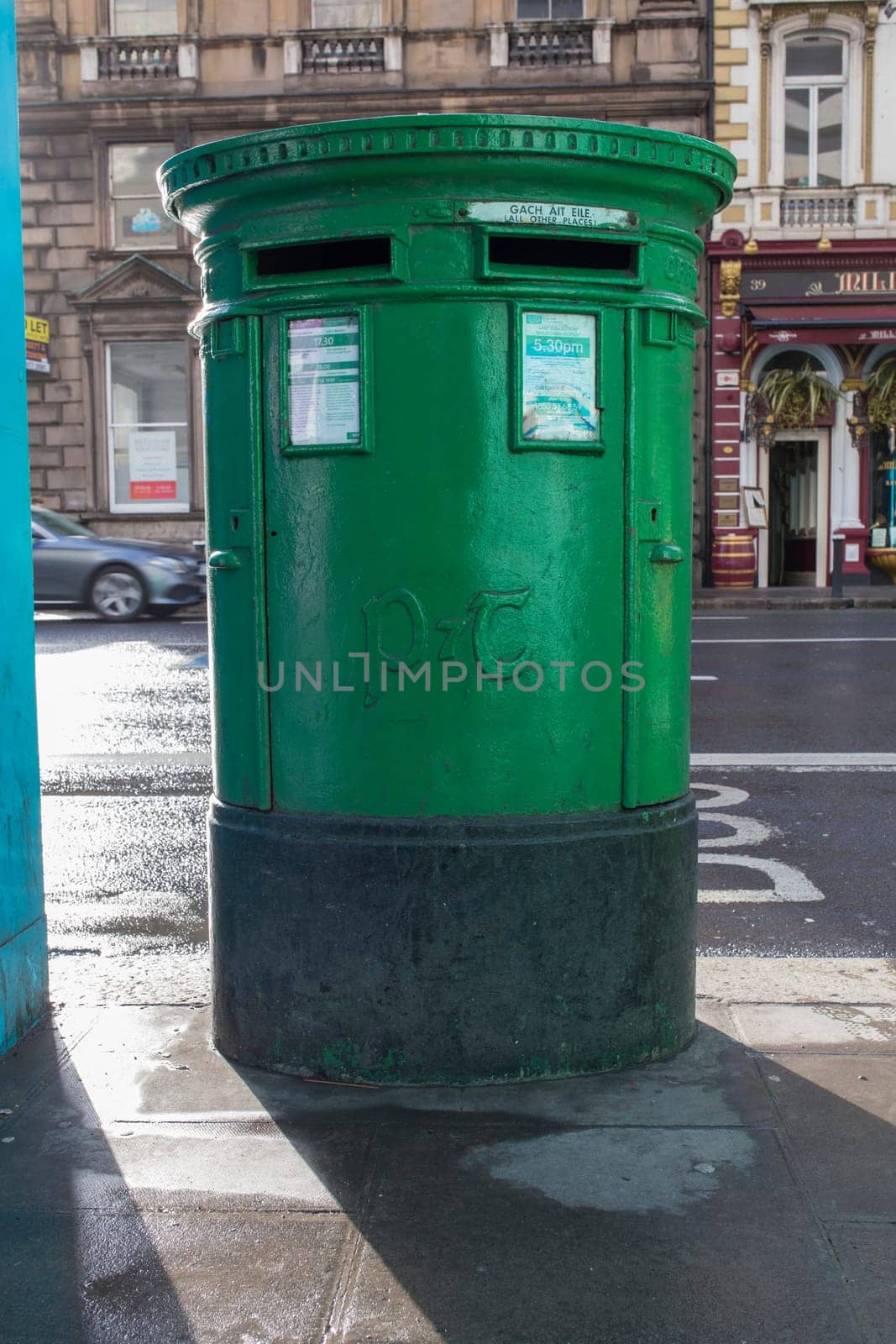 Dublin, Ireland - Feb 9th, 2020: Dublin green post box. Dublin, Ireland