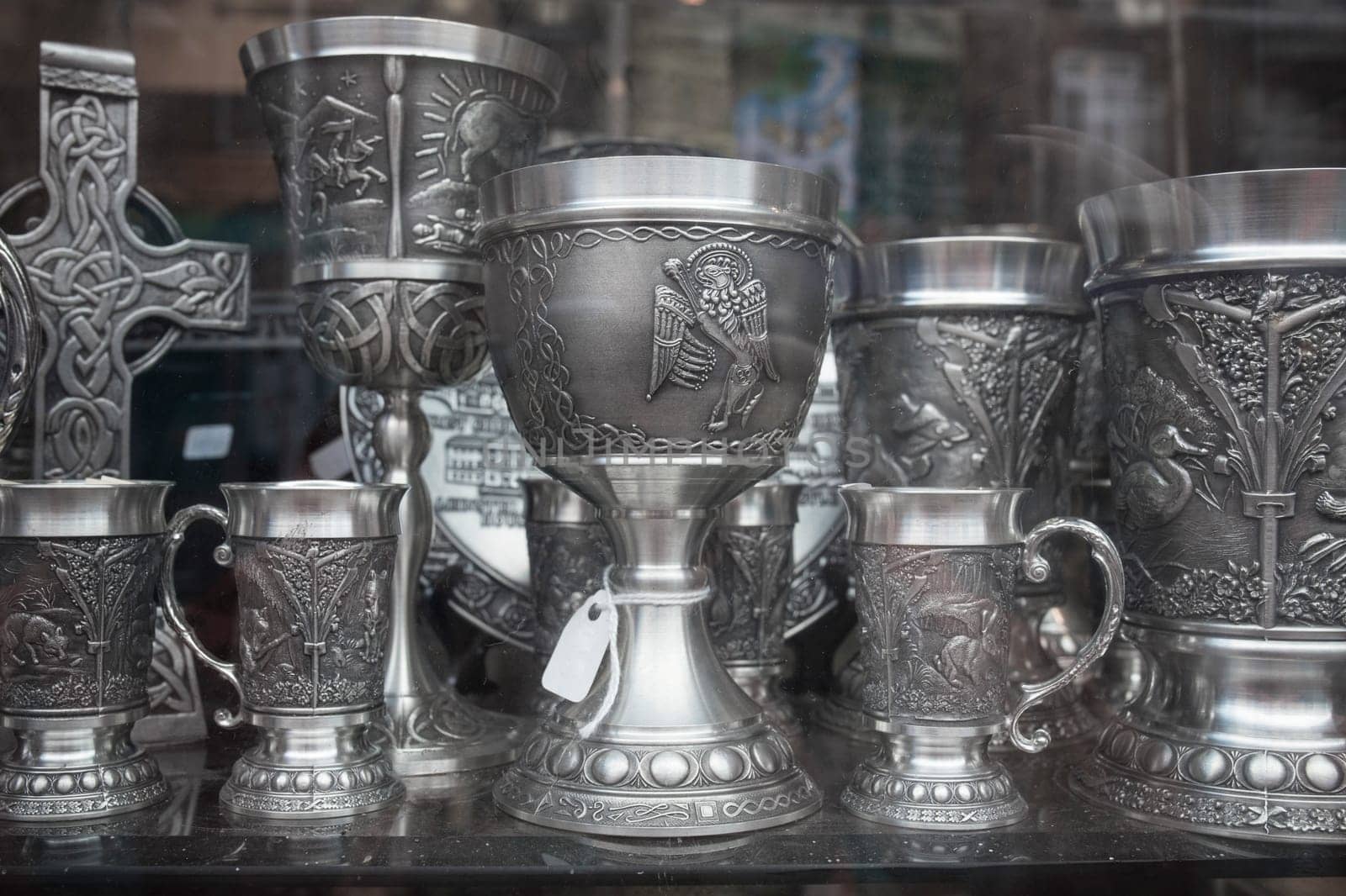 Dublin, Ireland - Feb 9th, 2020: Silver tankards and globets. Typical Irish crafts, Dublin, Ireland