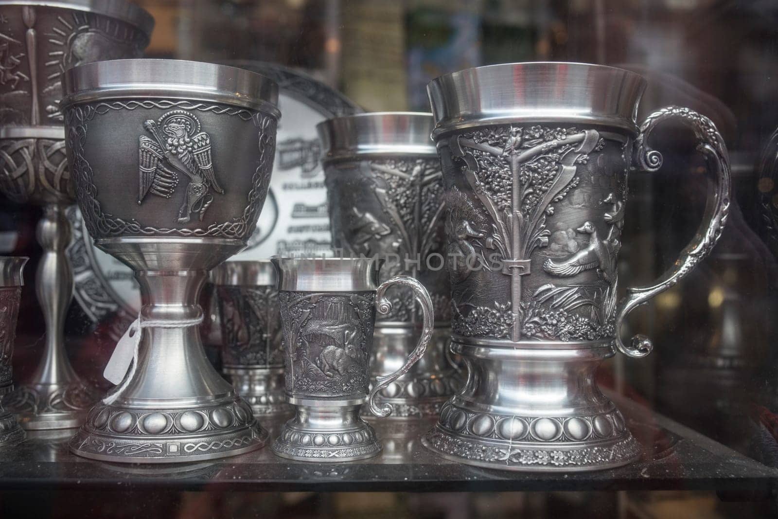 Dublin, Ireland - Feb 9th, 2020: Silver tankards and globets. Typical Irish crafts, Dublin, Ireland