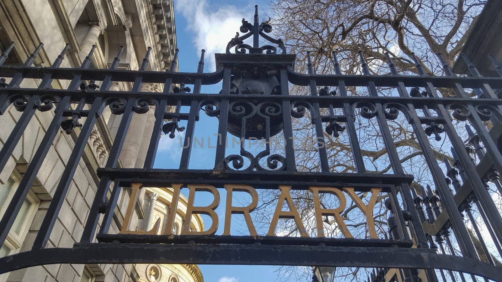 Dublin, Ireland - Feb 9th, 2020: Wrought-iron door top detail of National Library of Ireland, Dublin